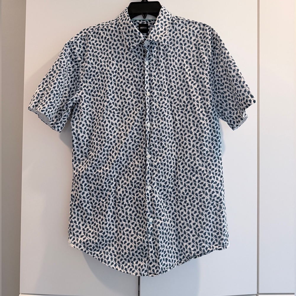 BOSS White Short-Sleeve Button-Down Shirt with Navy Leaf Print
